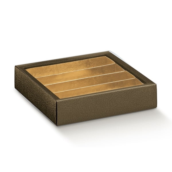 SC Krabička na pralinky s průhl. víčkem a zlatým vkladem potisk hnědá kůže 14,5x14,5x3,5cm 5x10ks